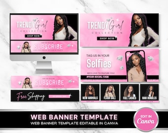 DIY Boutique Banners Set, Website Banners Beauty Artist Hair Nails Boutique, Pink Web Banners, Shopify Web Canva Templates, Hair Web Banner