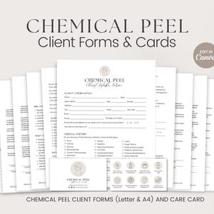 Könnte beinhalten: Ein Satz druckbarer Formulare und eine Pflegekarte für chemische Peelings. Die Formulare sind in Schwarzweiß mit einem minimalistischen Design gehalten. Die Pflegekarte zeigt ein florales Design und Symbole im Zusammenhang mit der Hautpflege.