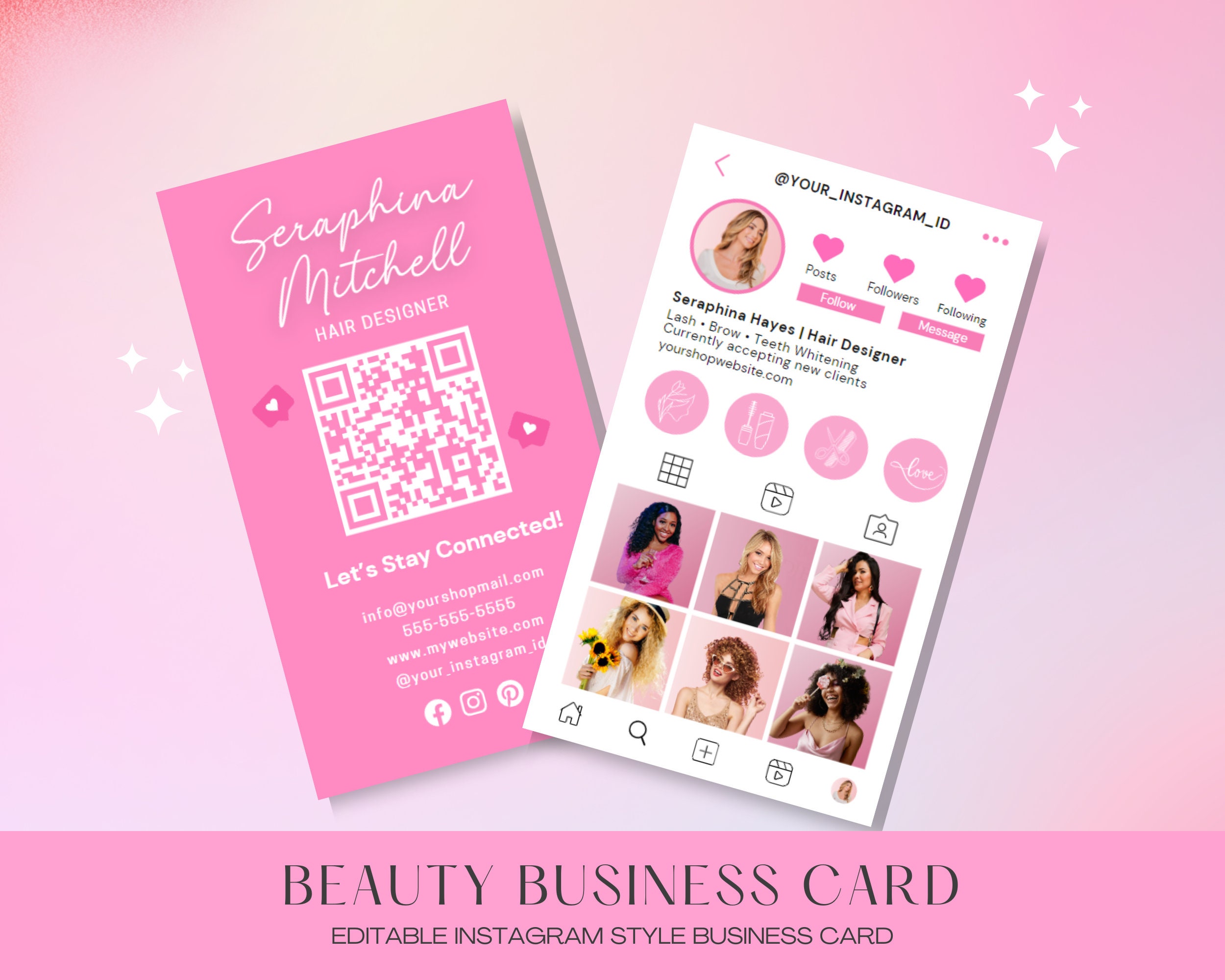 Instagram Business Cards DIY Canva Digital Business Card Beauty Templates IG Business Card Pink Business Cards IG Influencer Cards