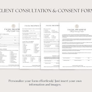 Puede incluir: Un formulario de consulta y consentimiento para tratamientos faciales en blanco y negro. El formulario incluye secciones para la informaci&oacute;n del cliente, el historial m&eacute;dico, el historial de cuidado de la piel y un formulario de consentimiento.