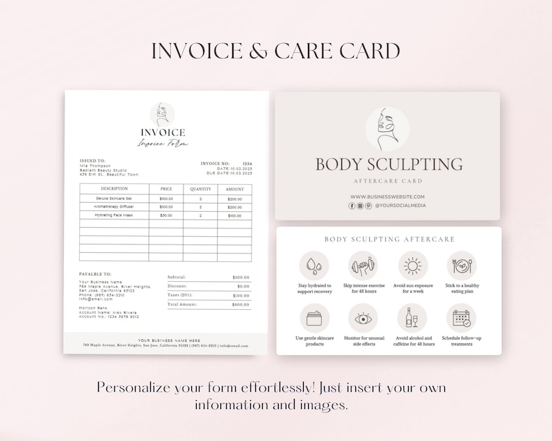 May include: A black and white invoice template with a minimalist design. The invoice includes a section for the business name, invoice number, date, and a table for listing items, prices, quantities, and amounts. The invoice also includes a section for the customer's name, address, and payment information. A separate card with a minimalist design includes the text "Body Sculpting Aftercare Card" and a list of aftercare instructions.