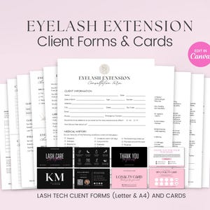 Lot de formulaires d'extension de cils, formulaires d'extension de cils, formulaire de consentement rose, formulaires de réception des clientes, carte de suivi, consultation de cils, patch test