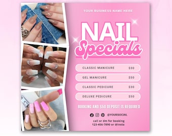 May include: Pink and white nail salon advertisement with images of manicures and pedicures. The ad lists prices for classic and gel manicures and pedicures. It also includes the text "Booking and $50 deposit is required." and contact information for the salon.