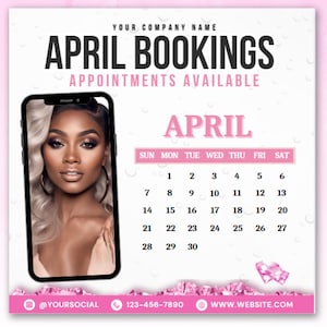 April Bookings Available Calendar DIY Spring Appointments Book Now Flyer Hair Bundles Lashes MUA Nails Social Media Editable Template May