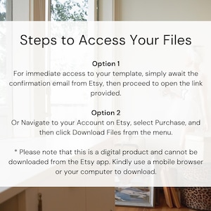 May include: A white sign with black text detailing how to access digital files purchased on Etsy. The text includes instructions on using the confirmation email or navigating the Etsy account to download.