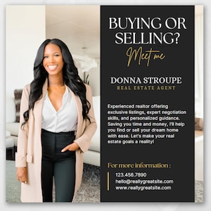 May include: A black and gold business card with the text "Buying or Selling? Meet me" and "Donna Stroupe, Real Estate Agent". The card also includes contact information for Donna Stroupe.