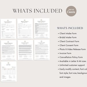 May include: A set of eight printable forms for makeup artists and beauty professionals. The forms include a client intake form, bridal intake form, client contract form, client consent form, photo and video release form, invoice form, and cancellation policy form. The forms are available in letter and A4 sizes and can be easily modified in Canva.