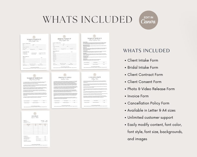 May include: A set of eight printable forms for makeup artists and beauty professionals. The forms include a client intake form, bridal intake form, client contract form, client consent form, photo and video release form, invoice form, and cancellation policy form. The forms are available in letter and A4 sizes and can be easily modified in Canva.