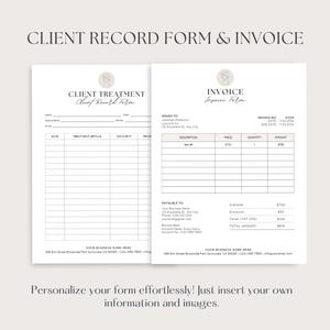 May include: Two white printable forms: a client treatment record form and an invoice form. The forms have a minimalist design with a beige floral graphic at the top. The text "CLIENT RECORD FORM & INVOICE" is at the top. The invoice form includes a table for itemised costs.