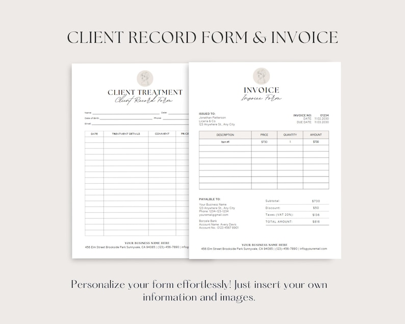 May include: Two white printable forms: a client treatment record form and an invoice form. The forms have a minimalist design with a beige floral graphic at the top. The text "CLIENT RECORD FORM & INVOICE" is at the top. The invoice form includes a table for itemised costs.