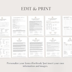 May include: A set of printable forms for eyelash extensions, including a client intake form, patch test form, photo and video release form, cancellation policy, invoice, and client treatment record.