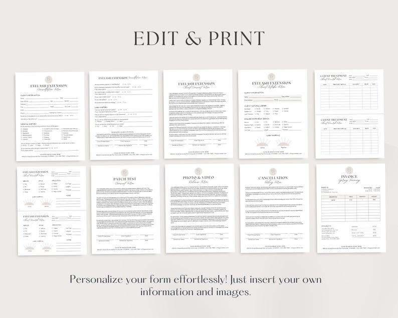 May include: A set of printable forms for eyelash extensions, including a client intake form, patch test form, photo and video release form, cancellation policy, invoice, and client treatment record.