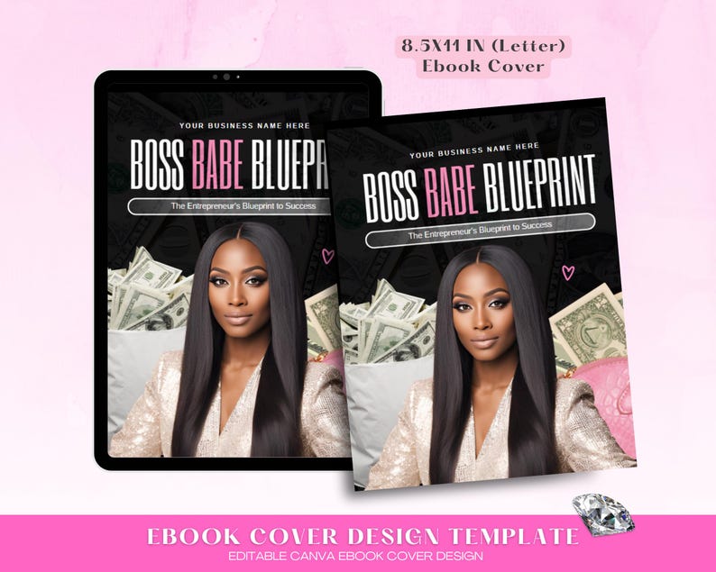Pu&ograve; includere: Modello di copertina di ebook per un libro di 8,5 x 11 pollici. La copertina presenta una donna con lunghi capelli neri e un cuore rosa. Il titolo &egrave; "Boss Babe Blueprint: The Entrepreneur's Blueprint to Success".