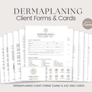 Pode incluir: Um conjunto de formulários e cartões imprimíveis para clientes de dermaplaning. Os formulários incluem a admissão do cliente, o histórico médico e o consentimento. Os cartões apresentam ícones para diferentes serviços de dermaplaning. O texto na imagem diz "Dermaplaning Client Forms & Cards" e "Edit in Canva".