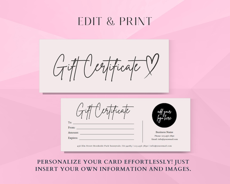 May include: Editable gift certificate template with a black heart and the text "Gift Certificate" in a handwritten font. The template includes fields for "To", "From", "Amount", and "Expires".