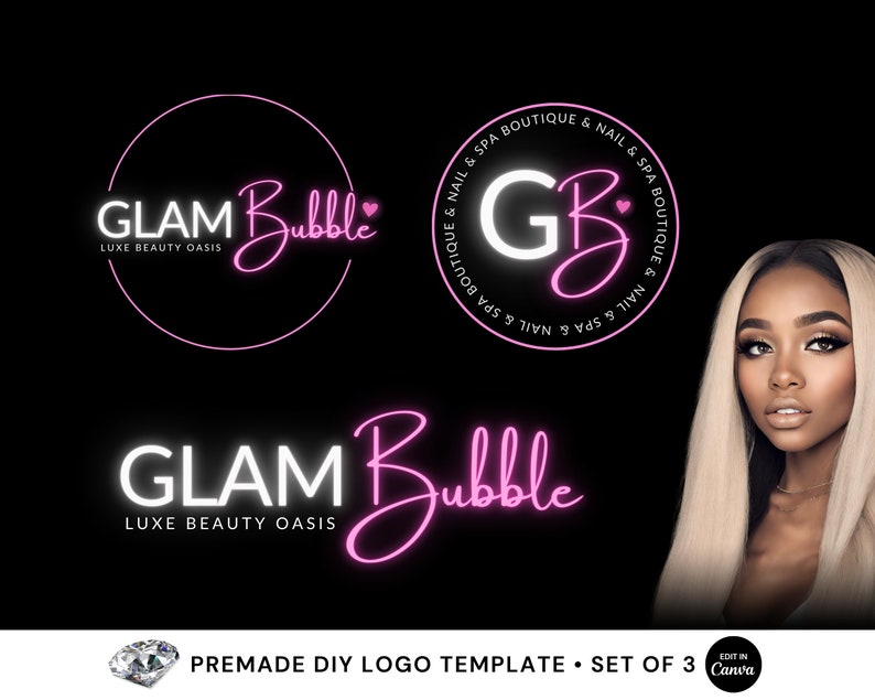 Puede incluir: Un conjunto de tres plantillas de logotipo prefabricadas para un sal&oacute;n de belleza o spa. Los logotipos presentan el texto "Glam Bubble" y "GB" en un estilo ne&oacute;n rosa y blanco. Los logotipos est&aacute;n sobre un fondo negro.