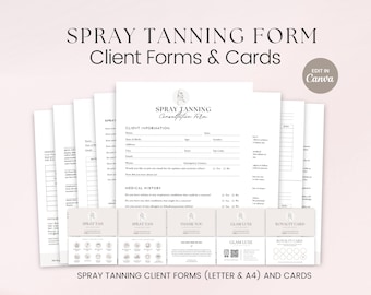 May include: A set of printable spray tanning client forms and cards. The forms include a consultation form, a medical history form, and a spray tan client information form. The cards include a spray tan loyalty card, a thank you card, and a glam luxe card.