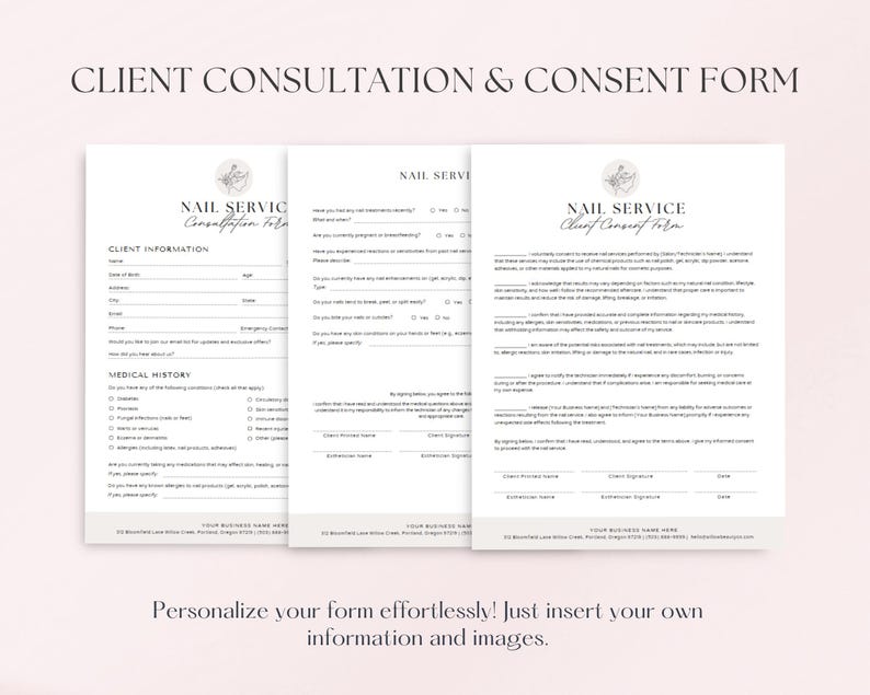 May include: A three-page client consultation and consent form for nail services. The form includes sections for client information, medical history, and a client consent form. The form has a minimalist design with a floral motif.