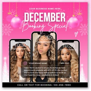 December Booking Flyer, Christmas Booking Flyer, Hair Lash Nail Wigs, Holiday Booking Flyer, DIY Book Now Flyer, Pink Christmas Flyer