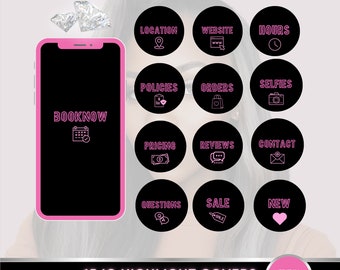 May include: Pink and black Instagram highlight covers with icons for location, website, hours, policies, orders, selfies, pricing, reviews, contact, questions, sale, and new. A smartphone displays "BOOKNOW". The text "15 IG HIGHLIGHT COVERS" is also present.