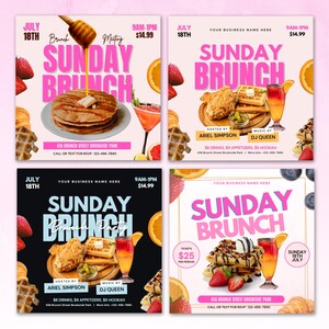 May include: Four square promotional graphics for a Sunday Brunch event. Each graphic features the text "Sunday Brunch" in pink, along with images of food and drinks. The graphics include the date, time, and price.