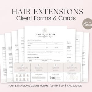 Formulaires d'extensions de cheveux, Consultation de consentement pour la réception d'extensions de cheveux modifiables, Cartes de soins capillaires, Modèle de coiffeur, Demande d'admission d'extensions de cheveux