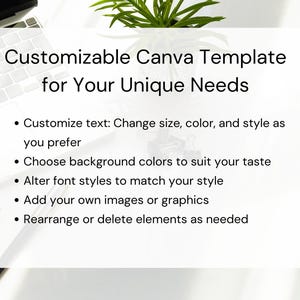 May include: A white background with black text that reads "Customizable Canva Template for Your Unique Needs".  The text is followed by a list of bullet points describing how to customize a Canva template: customize text, choose background colours, alter font styles, add images or graphics, and rearrange or delete elements.