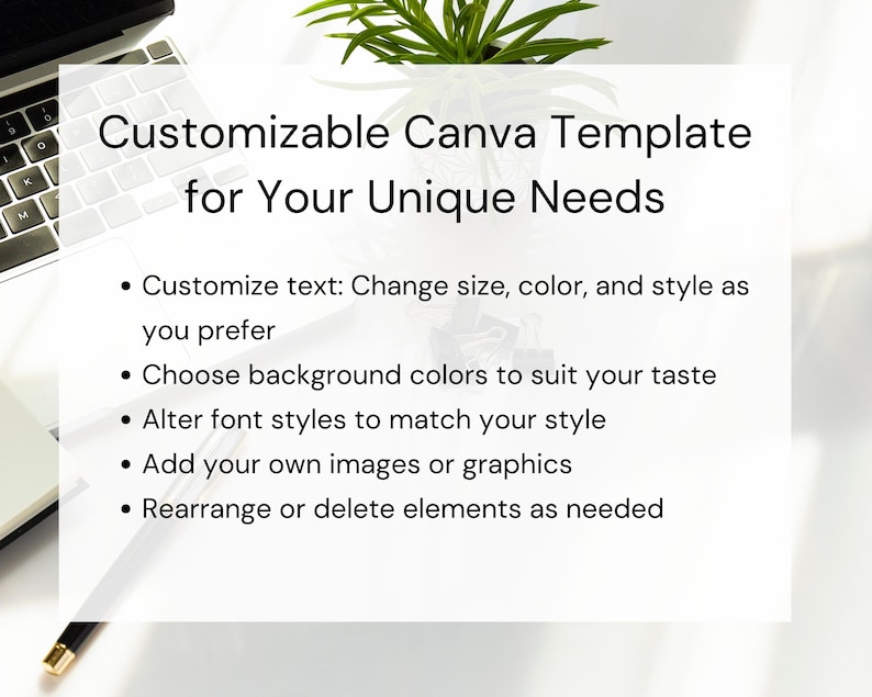 May include: A white background with black text that reads "Customizable Canva Template for Your Unique Needs".  The text is followed by a list of bullet points describing how to customize a Canva template: customize text, choose background colours, alter font styles, add images or graphics, and rearrange or delete elements.