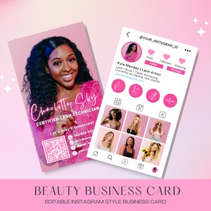 Diseño de plantilla de tarjeta de presentación, tarjeta de presentación de Instagram, plantilla de tarjeta de presentación de artista de belleza, cabello, uñas, pestañas, código QR, tarjeta de presentación prefabricada