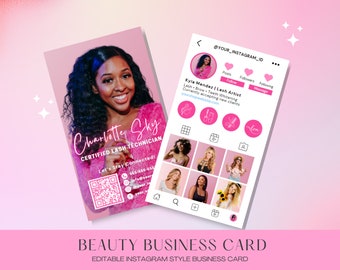 Business Card Template Design, Instagram Business Card, Beauty Artist Hair Nails Lashes Business Card Template QR Code Premade Business Card