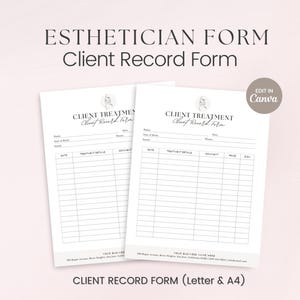 Può includere: Un modulo di registrazione clienti stampabile per estetiste. Il modulo include sezioni per le informazioni del cliente, i dettagli del trattamento, i commenti, il prezzo e la firma. Il modulo è progettato per essere utilizzato con l'app Canva.