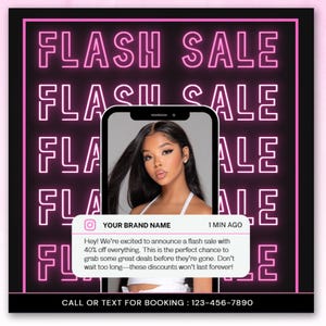Flash Sale Flyer Template, Shop Now Social Media Instagram Beauty Hair Nails Braids Lashes Fashion Sale Boutique Editable Canva Template