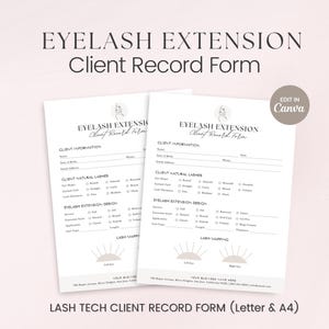 Fiche cliente d'extensions de cils, Formulaire d'extension de cils modifiable, Consultation technique pour les cils, Formulaires d'esthéticienne, Formulaires de technicienne de cils, Canva