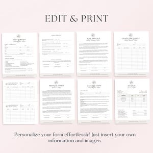 May include: A set of eight printable forms for a nail salon or beauty business. The forms include a client intake form, nail service form, client treatment form, photo and video release form, cancellation policy form, and invoice form.