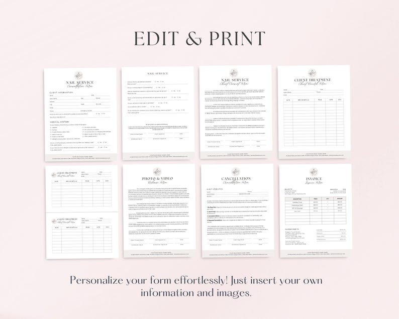 May include: A set of eight printable forms for a nail salon or beauty business. The forms include a client intake form, nail service form, client treatment form, photo and video release form, cancellation policy form, and invoice form.
