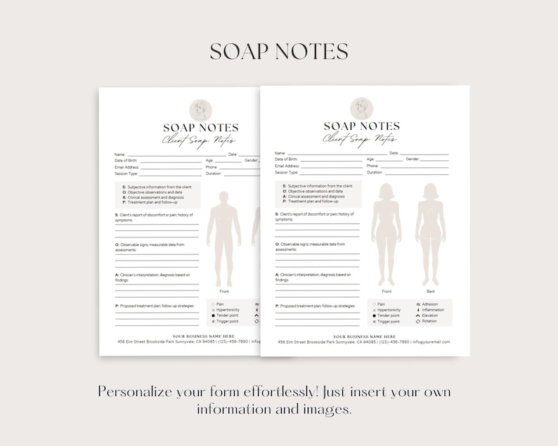 May include: Two white SOAP NOTES forms with a beige floral design at the top. The forms include sections for client information, subjective and objective data, and treatment plans. The text "Personalise your form effortlessly!" is at the bottom.