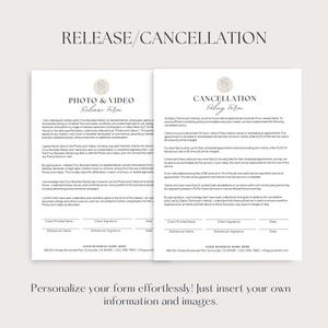 May include: A black and white printable form with the text "RELEASE/CANCELLATION" at the top. The form is divided into two sections: "PHOTO & VIDEO Release Form" and "CANCELLATION Policy Form".