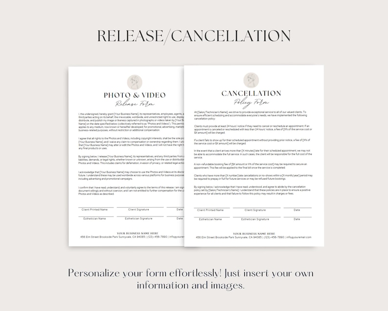 May include: A black and white printable form with the text "RELEASE/CANCELLATION" at the top. The form is divided into two sections: "PHOTO & VIDEO Release Form" and "CANCELLATION Policy Form".
