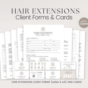Formulaires d'extensions de cheveux, Consultation de consentement pour la réception d'extensions de cheveux modifiables, Cartes de soins pour un salon de coiffure, Demande d'admission d'extensions de cheveux, Coiffeur