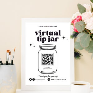 Wirtualny znak słoika na napiwki, wirtualny znak słoika na napiwki do druku, kod QR do znaku płatności Venmo, edytowalny szablon Canva ze znakiem akceptowanych napiwków