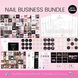 May include: A pink graphic with the text "NAIL BUSINESS BUNDLE" and "Edit in Canva". The image includes various business templates, certificates, price lists, and social media graphics for nail salons. There are also logos and social media icons.