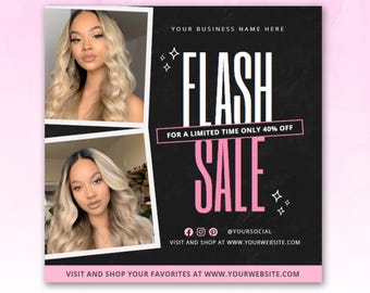 May include: A promotional graphic with two photos of a woman with wavy blonde hair. The text "FLASH SALE" is in large white and pink letters on a black background. The text "FOR A LIMITED TIME ONLY 40% OFF" is also included. Social media icons and a website address are at the bottom.