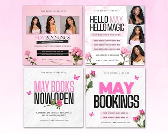 May include: Four pink and white promotional graphics for a beauty business. Each graphic features images of women, pink floral accents, and text announcing "May Bookings" and "Reservations are Now Open". The graphics also include website and social media information.
