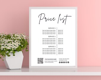 Price List Template Editable Canva Business Sign Printable Price Sheet DIY Printable Price Sheet, Instagram Pricing List Template Lash Tech