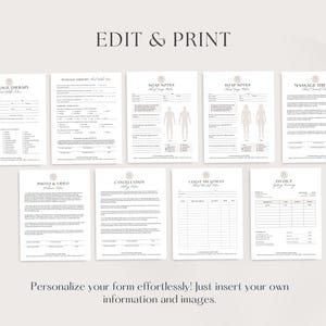 May include: A selection of printable forms for massage therapy, soap notes, client treatment, and invoices. The forms are displayed on a light background with the text "EDIT & PRINT" at the top. The text "Personalise your form effortlessly!" is also visible.