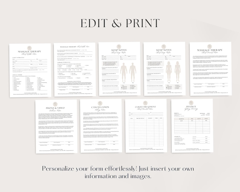 May include: A selection of printable forms for massage therapy, soap notes, client treatment, and invoices. The forms are displayed on a light background with the text "EDIT & PRINT" at the top. The text "Personalise your form effortlessly!" is also visible.