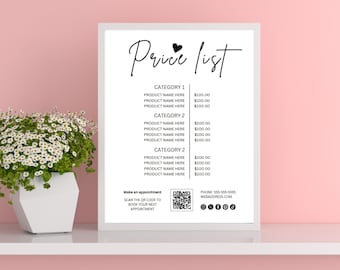 Op de afbeelding: Een wit bord met een zwart hart en de tekst "Price list" bovenaan. Het bord vermeldt verschillende categorieën producten en hun prijzen. Het bord bevat ook een QR-code en contactgegevens.