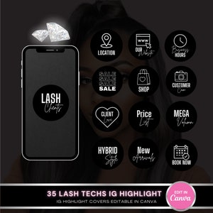 Puede incluir: Un conjunto de 12 cubiertas de destacados de Instagram en blanco y negro para técnicos de pestañas. Las cubiertas presentan iconos y texto como "Lash Clients", "Sale", "Shop", "Price List", "Hybrid Style", "New Arrivals", "Book Now", "Location", "Our Website", "Business Hours", "Customer Cam", "Client Love" y "Mega Volume".