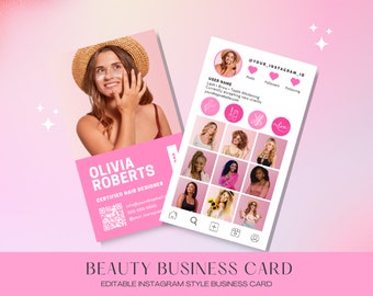 Biglietto da visita Instagram Modello di biglietto da visita IG bellezza rosa con codice QR per unghie, ciglia, capelli e aziende di bellezza, Canva fai da te modificabile