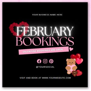 Flyer de agendamento para fevereiro, Flyer de reservas, Flyer de agendamento para o Dia dos Namorados, Flyer de faça você mesmo para fevereiro, Flyer de salão de beleza (cabelo, cílios e boutique), Flyer de tranças